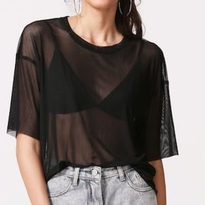 Drop shoulder sheer mesh top blouse